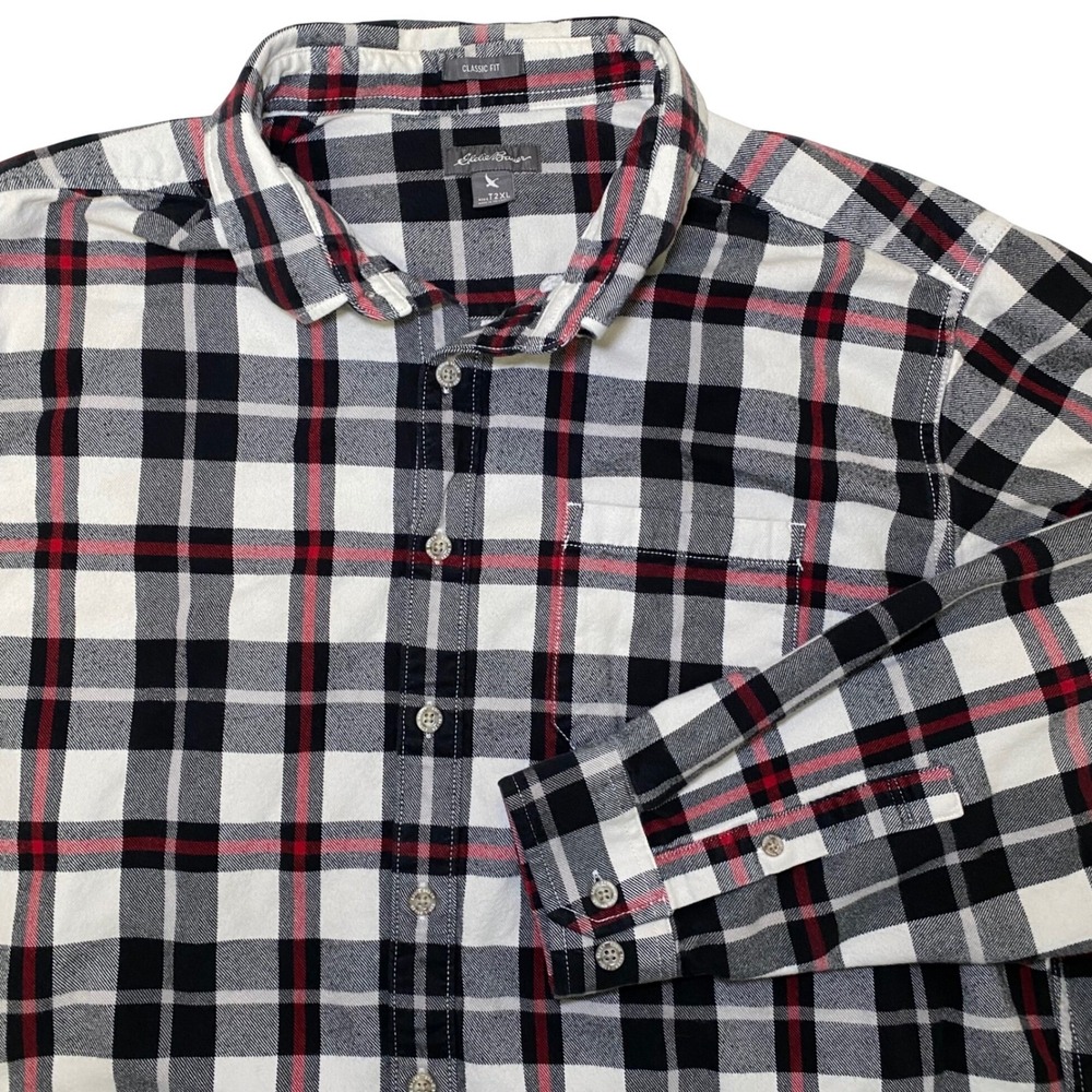 Eddie Bauer Mens 2XL Classic Fit Plaid Flannel Shirt Black White Red Cotton